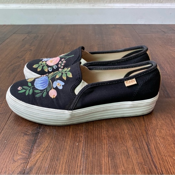 Rifle Paper Co. X Keds Floral Beaded Platform Slip On Black Sneakers SZ 6 - Picture 9 of 15